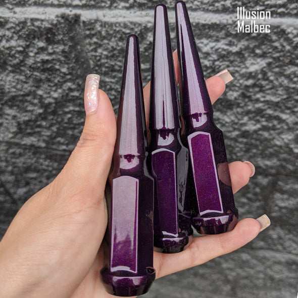 24 pc 12x1.25 illusion malbec spike lug nuts 4.5" tall powder coated durable coating prismatic powder coating
