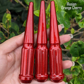 32 pcs 14x1.5 illusion orange cherry spike spline lug nuts 4.5" tall powder coated durable coating prismatic powder coating