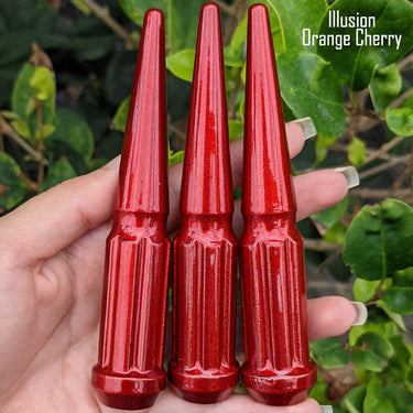 20 pc 1/2-20 illusion orange cherry spike spline lug nuts 4.5" tall powder coated durable coating prismatic powder coating