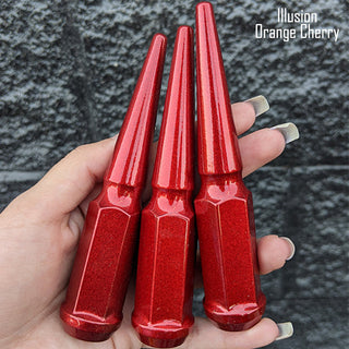 24 pc 14x1.5 illusion orange cherry spike lug nuts 4.5" tall powder coated durable coating prismatic powder coating