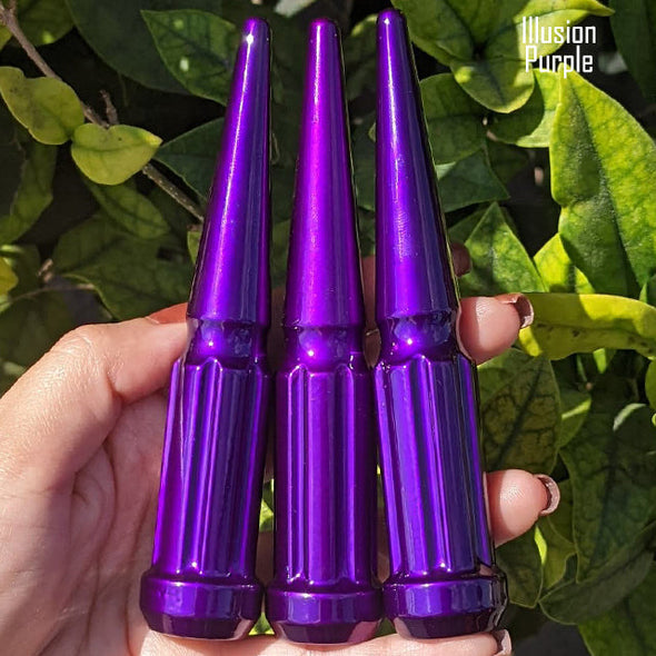 20 pc 12x1.5 illusion purple spike spline lug nuts 4.5" tall powder coated durable coating prismatic powder coating