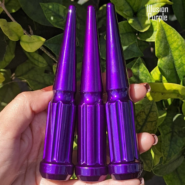 20 pc 9/16-18 illusion purple spike spline lug nuts 4.5" tall powder coated durable coating prismatic powder coating