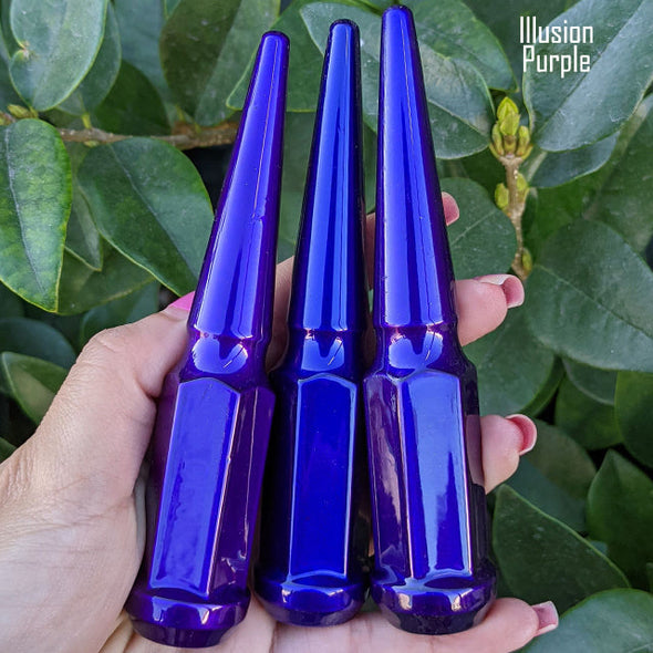 24 pc 14x1.5 illusion purple spike lug nuts 4.5" tall powder coated durable coating prismatic powder coating