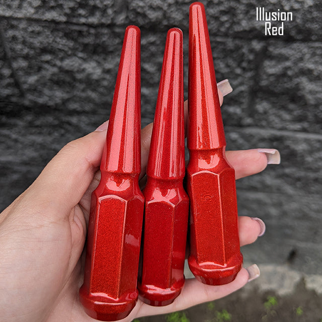 32 pc 14x2 illusion red spike lug nuts 4.5" tall powder coated durable coating prismatic powder coating