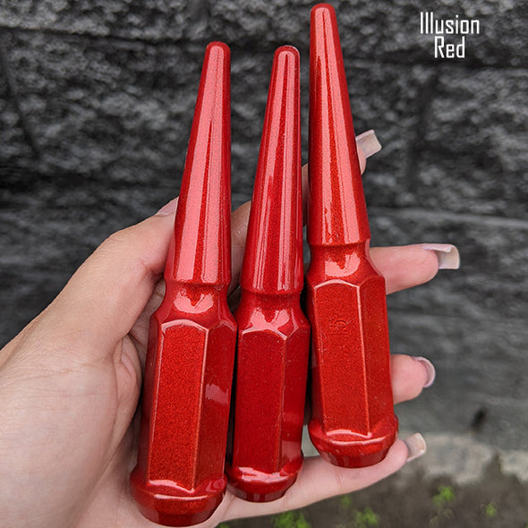 24 pc 14x1.5 illusion red spike lug nuts 4.5" tall powder coated durable coating prismatic powder coating