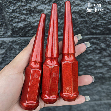 32 pc 14x1.5 illusion root beer spike lug nuts 4.5" tall powder coated durable coating prismatic powder coating