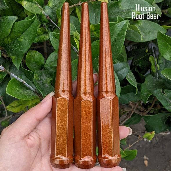 1 pc 12x1.25 illusion root beer spike lug nuts 6 inch xl tall powder coated durable coating prismatic powder coating