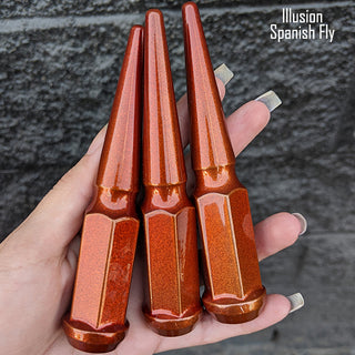 1 pc 1/2-20 illusion spanish fly spike lug nuts 4.5" tall powder coated durable coating prismatic powder coating