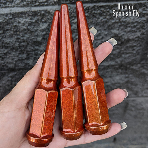 20 pc 9/16-18 illusion spanish fly spike lug nuts 4.5" tall powder coated durable coating prismatic powder coating