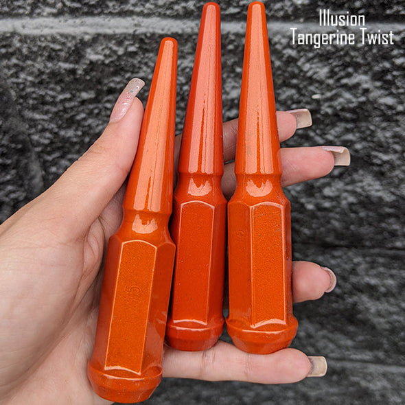 32 pc 14x1.5 illusion tangerine twist spike lug nuts 4.5" tall powder coated durable coating prismatic powder coating
