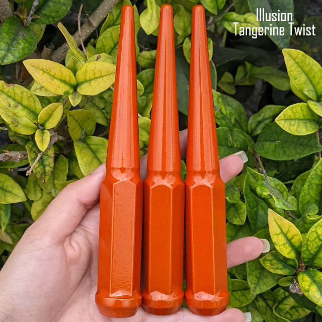 1 pc 12x1.25 illusion tangerine spike lug nuts 6 inch xl tall powder coated durable coating prismatic powder coating