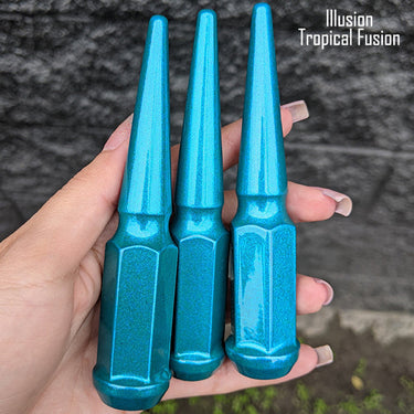 32 pc 14x1.5 illusion tropical fusion spike lug nuts 4.5" tall powder coated durable coating prismatic powder coating