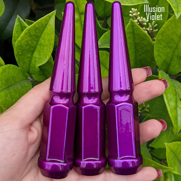20 pc 14x1.5 illusion tropical violet spike lug nuts 4.5" tall powder coated durable coating prismatic powder coating