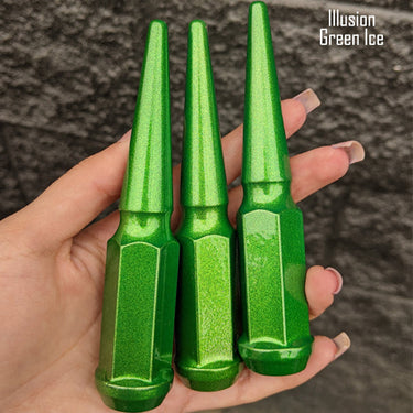 32 pc 14x1.5 illusion green ice spike lug nuts 4.5" tall powder coated durable coating prismatic powder coating