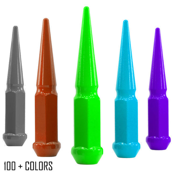 24 pc 14x1.5 custom color spike lug nuts 4.5" tall powder coated durable coating prismatic powder