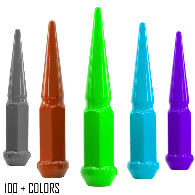 20 pc 1/2-20 custom color spike lug nuts 4.5" tall powder coated durable coating prismatic powder