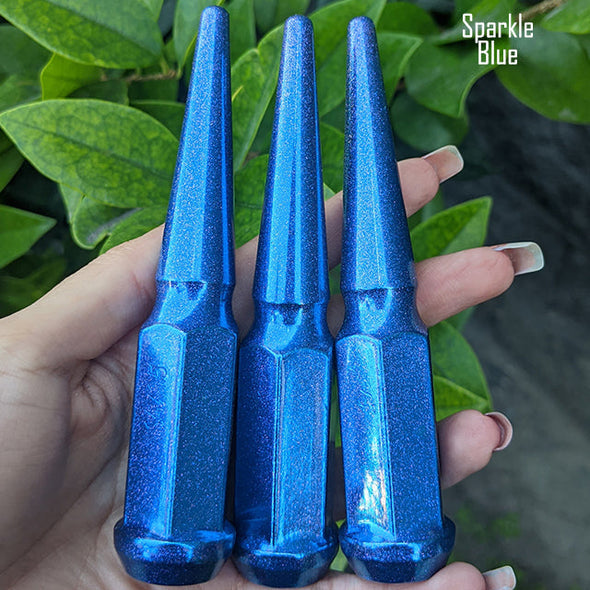 16 pc 12x1.25 sparkle blue spike lug nuts 4.5" tall powder coated durable coating
