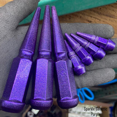 20 pc 14x1.5 sparkle purple spike lug nuts 4.5" tall powder coated durable coating prismatic chameleon sparkle powder coating