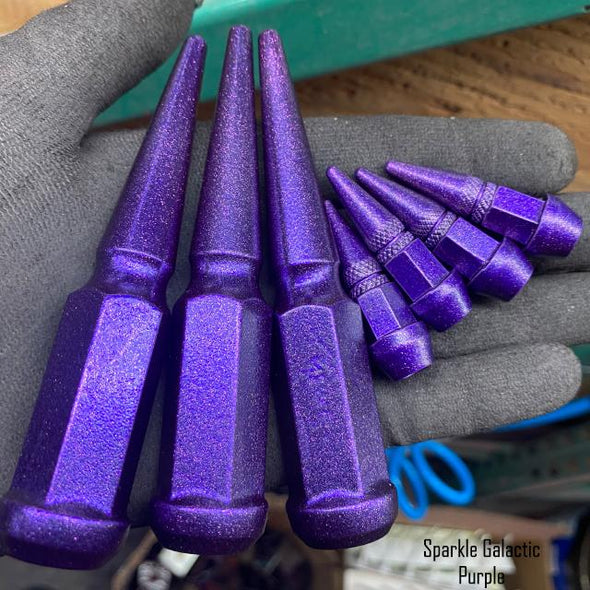 24 pc 12x1.25 sparkle purple spike lug nuts 4.5" tall powder coated durable coating prismatic chameleon sparkle powder coating