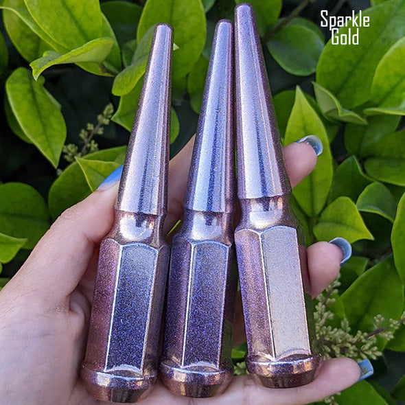 2 pc 1/2-20 sparkle gold spike lug nuts 4.5" tall powder coated durable coating prismatic chameleon sparkle powder coating