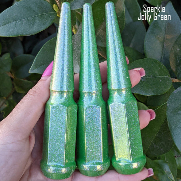 24 pc 14x1.5 sparkle jolly green spike lug nuts 4.5" tall powder coated durable coating