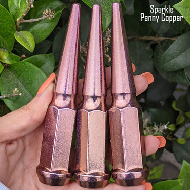 32 pc 14x1.5 sparkle penny copper spike lug nuts 4.5" tall powder coated durable coating