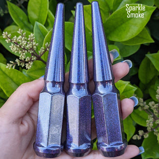 32 pc 14x1.5 sparkle smoke spike lug nuts 4.5" tall powder coated durable coating prismatic chameleon sparkle powder coating