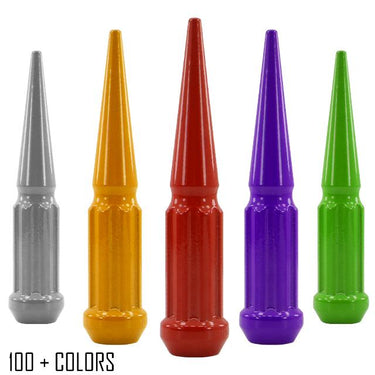 24 pcs 14x1.5 custom color spike spline lug nuts 4.5" tall powder coated durable coating prismatic powder
