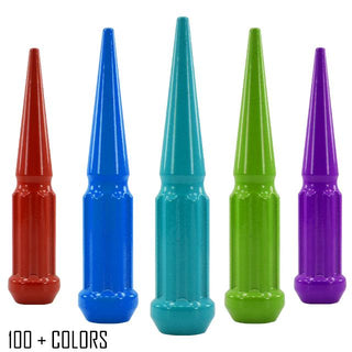 16 pc 12x1.5 custom color spike spline lug nuts 4.5" tall powder coated durable coating prismatic powder
