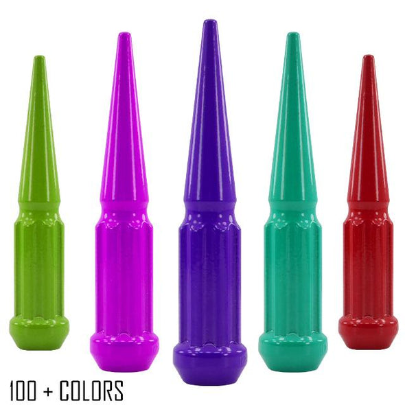 20 pc 12x1.25 custom color spike spline lug nuts 4.5" tall powder coated durable coating prismatic powder