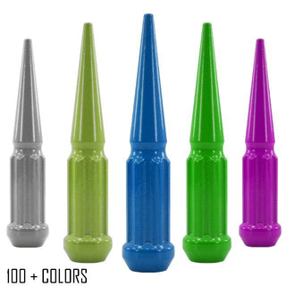 20 pc 9/16-18 custom color spike spline lug nuts 4.5" tall powder coated durable coating prismatic powder