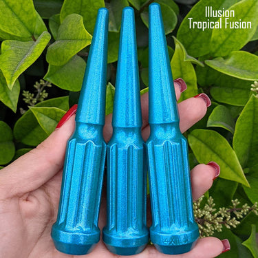 32 pcs 14x1.5 illusion tropical fusion spike spline lug nuts 4.5" tall powder coated durable coating prismatic powder coating