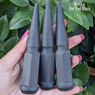 24 pc 14x1.5 wrinkle hot rod black spike lug nuts 4.5" tall powder coated durable coating