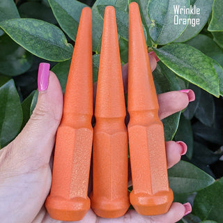 32 pc 14x1.5 wrinkle orange spike lug nuts 4.5" tall powder coated durable coating