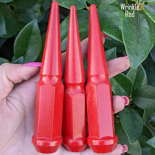 24 pc 14x1.5 wrinkle red spike lug nuts 4.5" tall powder coated durable coating