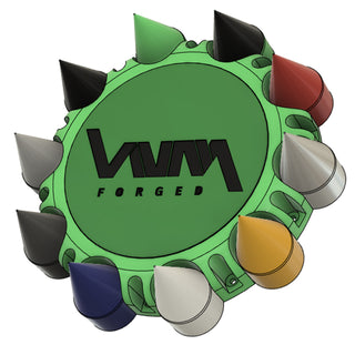 green custom billet floating caps for forged wheels 10x285 pattern with custom color billet spike caps 22x1.5 made in usa powder coated